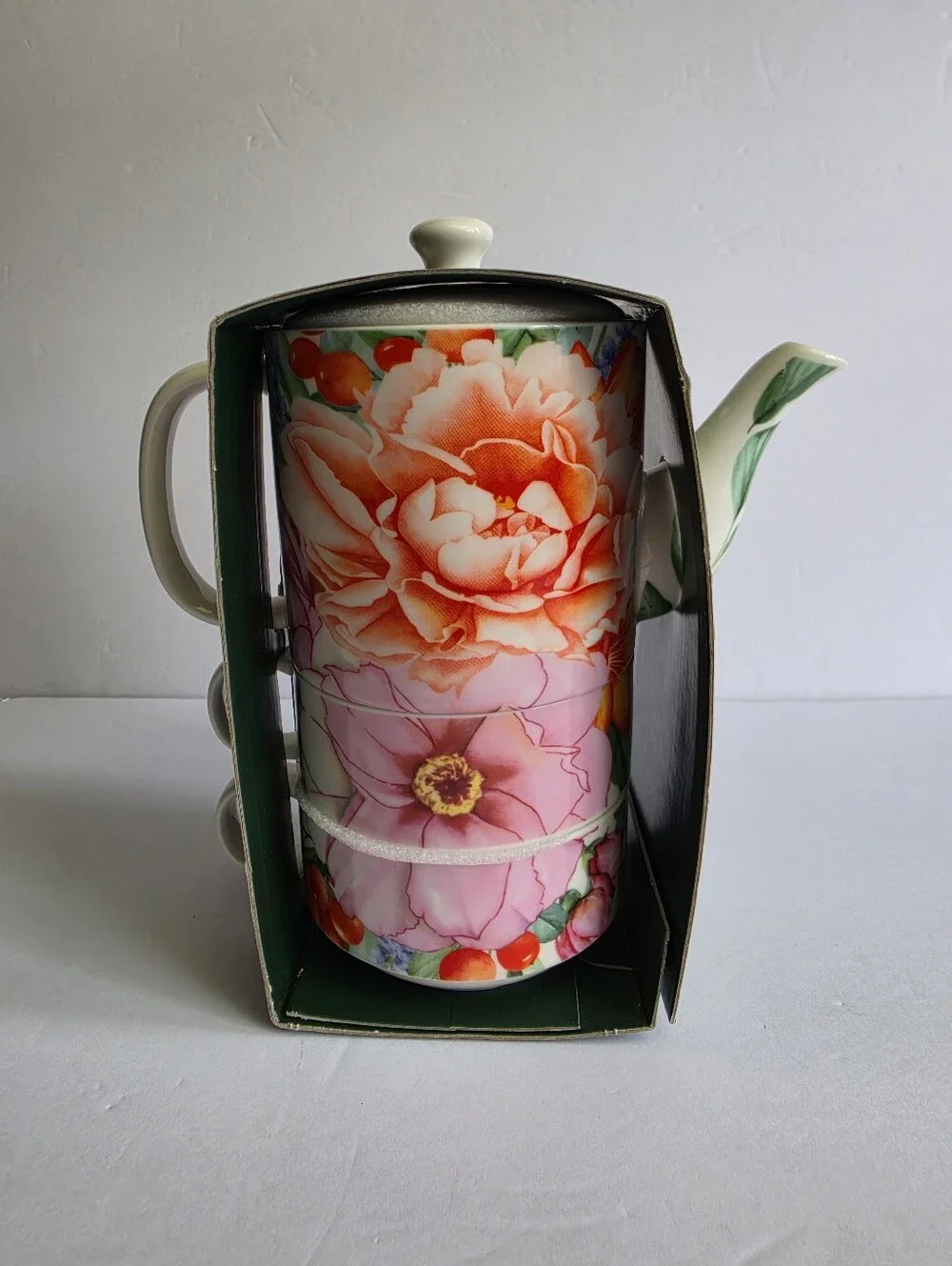 Tea Emporium Tea For Two Stackable Floral Set With Teapot and Two Cups ~ NWT